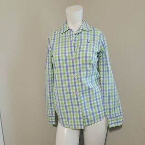 Vineyard Vines size 0 button front plaid shirt top collar logo whale green